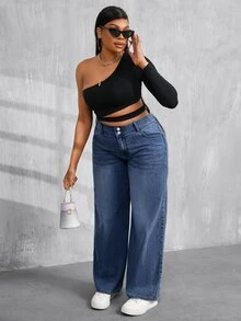 SHEIN PETITE CURVE 大尺碼女款鈕扣拉鍊寬鬆直筒休閒牛仔褲 - 深色水洗藍 - 查看 5