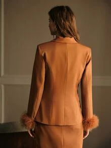 MOTF PREMIUM WOMEN'S ELEGANT BUTTON FAUX FUR PATCHWORK CUFF BLAZER - Khaki - View 3