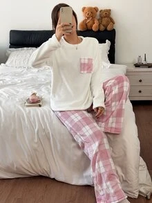 Napfluff Women's Plush Plaid Print Patch Pocket Long Sleeve Pants Loungewear Set - White - View 3
