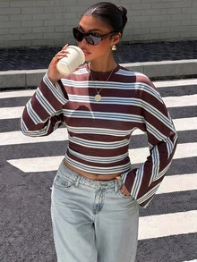 Muchica 95%棉女款休閒修身蝙蝠袖長袖T恤，條紋T恤，女款秋冬服飾 - 彩色 - 查看 6