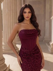 Coutiva High-End Evening Gown With Premium Sequin Strapless Mermaid Tail Elegant Luxury Dress - Burgundy - View 2