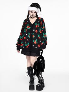 ROMWE Plus Size Women Gothic Style Christmas Skull, Cherry, Gift Box, Candy Cane, Star Pattern Loose Casual Cardigan Sweater - Black - View 5
