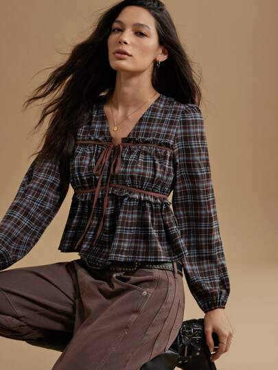 WESTFADE Top Babydoll con Volantes y Lazo Delantero, Manga Larga, Cuadros, Otoño, Invierno 2026, Ropa de Campo para Mujer, Vaquera, Lindo, Occidental, Atuendo de Acción de Gracias