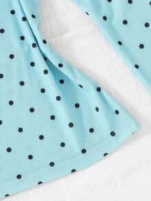 Teen Girls Sweet Polka Dot Print Ribbed Tee, Vintage Scallop Lace Neckline Long Sleeve Buttoned Top Slim Fit Fall Winter Outfits - Blue - View 5