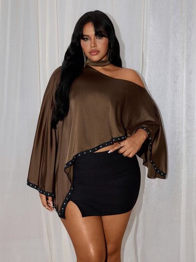 Rustia Plus Size Asymmetrical Shoulder Patchwork Webbing Cape Shirt