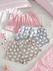 SweetSlumber 女款甜美 INS 風格毛絨豹紋愛心睡褲 3 件組套裝 - 彩色 - 查看 3