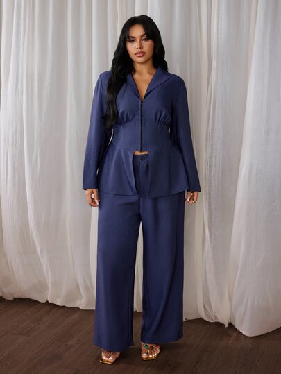 Rustia Casual Elegant Minimalist 2 Pieces Set Faux Denim Effect V-Neck Cinched Waist Long Sleeve Blazer + Blazer Pants Set Suitable For Formal Meetings, Office Commute, Denim Blue Plus Size Blazer Suit