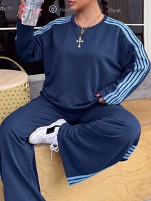 Muchica 大尺碼女款側條紋運動衫與運動長褲休閒兩件套 秋季 - 藏蓝色 - 查看 3