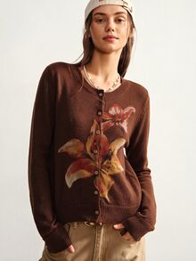 Bohemela Casual Crew Neck Single-Breasted Long Sleeve Floral Pattern Women's Cardigan - Coffee Brown - View 7