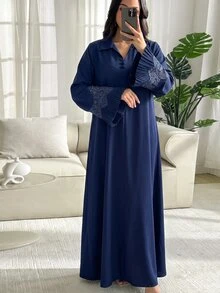 Al Najma Women's V-Neck Button Decor Rhinestone Trim Patchwork Pleated Petal Sleeve Full Skirt Arabic Style Dress Royal Blue Fall/Winter - Navy Blue - View 7