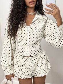 BamGleam Women's Lantern Sleeve Slim Fit Cinched Waist Polka Dot Zipper Jacket - Black and White - View 2