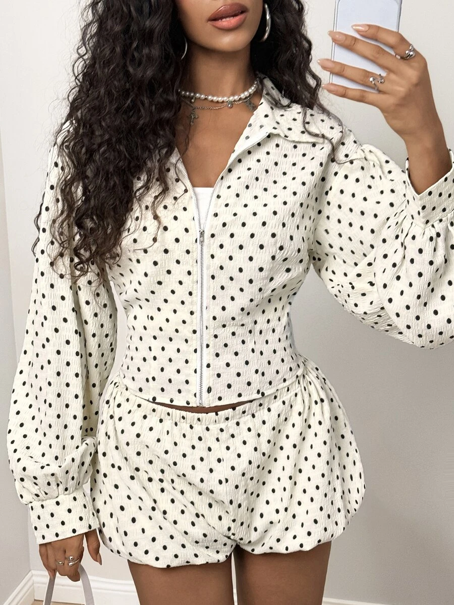 BamGleam Women's Lantern Sleeve Slim Fit Cinched Waist Polka Dot Zipper Jacket