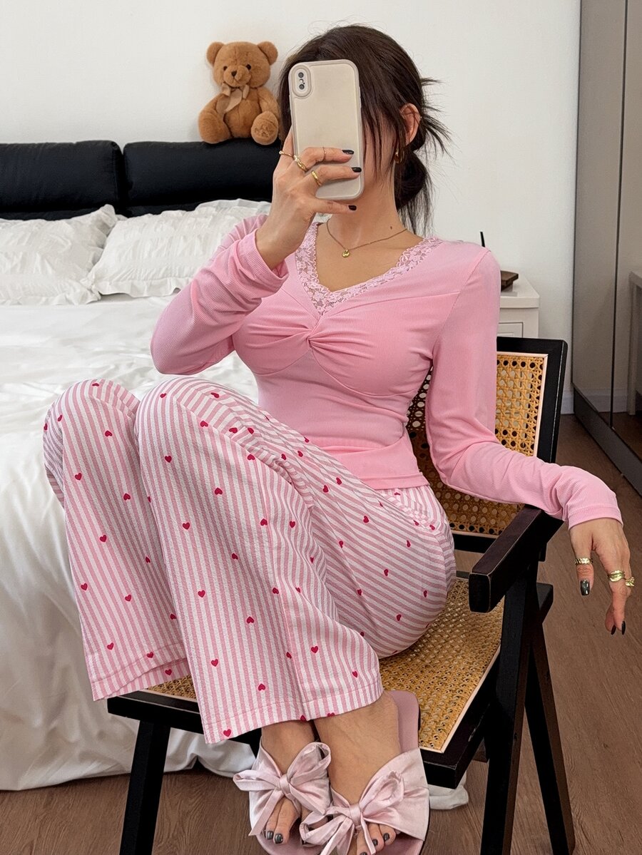 Dream Adore Minimalist Sexy Style V-Neck Twisted Ruched Long Sleeve Striped Heart Print Pants Loungewear 2 Pieces Set - Pink - View 1