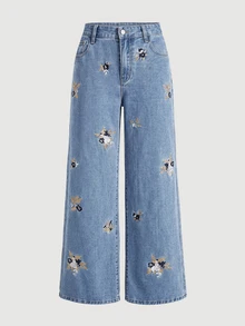 SHEIN Women's Casual Floral Pattern Wide Leg Jeans - Blue - View 6