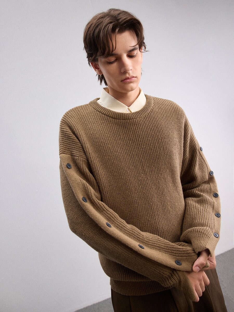 RONVEXI Men's Vintage Ribbed Button Long Sleeve Sweater For Daily Wear - Brown - View 1