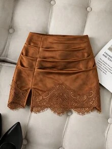 SHEIN Franclia 女款蕾絲拼接時尚百搭日常穿著裙 - 棕色 - 查看 2