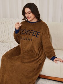 Lacomfia Casual Minimalist Letter Embroidered Crew Neck Drop Shoulder Long Sleeve Loose Regular Fit Plus Size Sweatshirt, Autumn/Winter - Brown - View 6