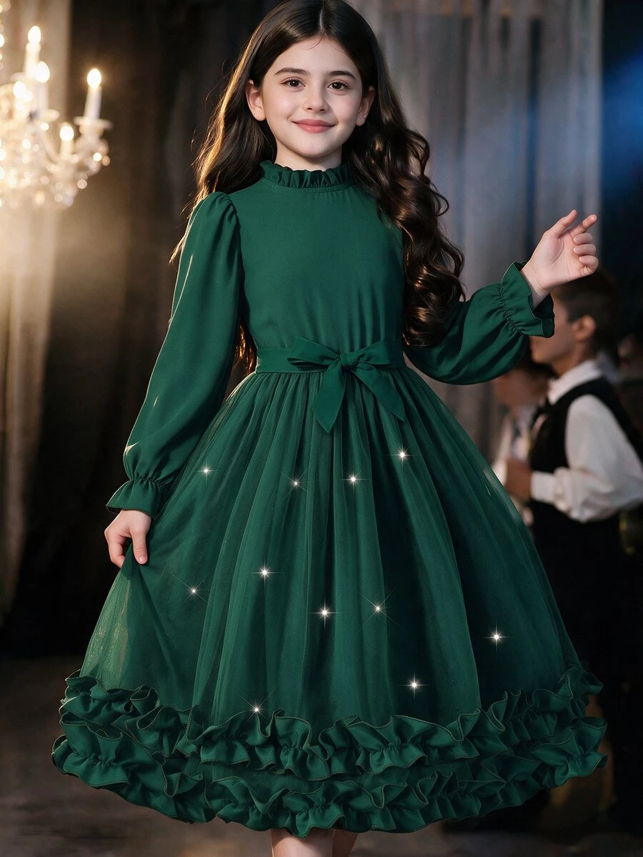 Tween Girls' Belted Mini Dress With Ruffled Hem & Waistband Decoration, Fall Dresses,Holiday,Summer,Travel, Outfit Autumn Fall - Green - View 1