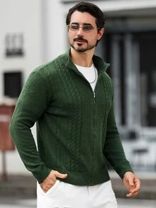 Marcello Vane 男士秋冬通勤日常 3D 粗繩編織開襟毛衣，Ins 風格，街頭成熟感，寬鬆版型，綠色，正式，老錢風 - 墨綠色 - 查看 6