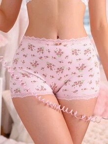 PetitDoll 1 buah Celana Dalam Boxer Wanita Motif Bunga Manis, Kain Bergaris, dan Hiasan Renda - Berwarna merah muda - View 3