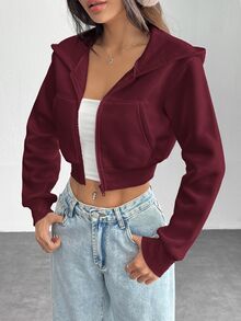 SHEIN PETITE 女款純色前拉鍊長袖口袋極簡連帽外套，休閒日常穿著，長袖上衣畢業季，秋冬返校穿搭，畢業季女裝，教師專業服飾，秋冬返校服飾 - 中紫紅色 - 查看 7