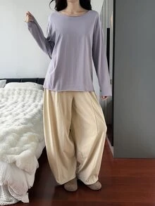 DAZY Women's Loungewear Set Comfortable Dual-Color Solid T-Shirt And Pants - Dusty Purple - View 7