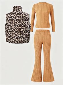 Tween Girl Long Sleeve Mini Knitted Black Coat Set Halloween Autumn Fall Style Fall Outfits - Brown - View 2