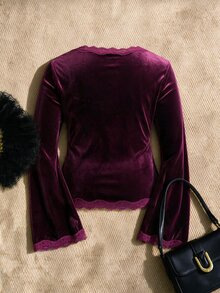 EastFlair Blus Elegan Berbahan Renda Patchwork Ukuran Plus - Burgundy - View 7