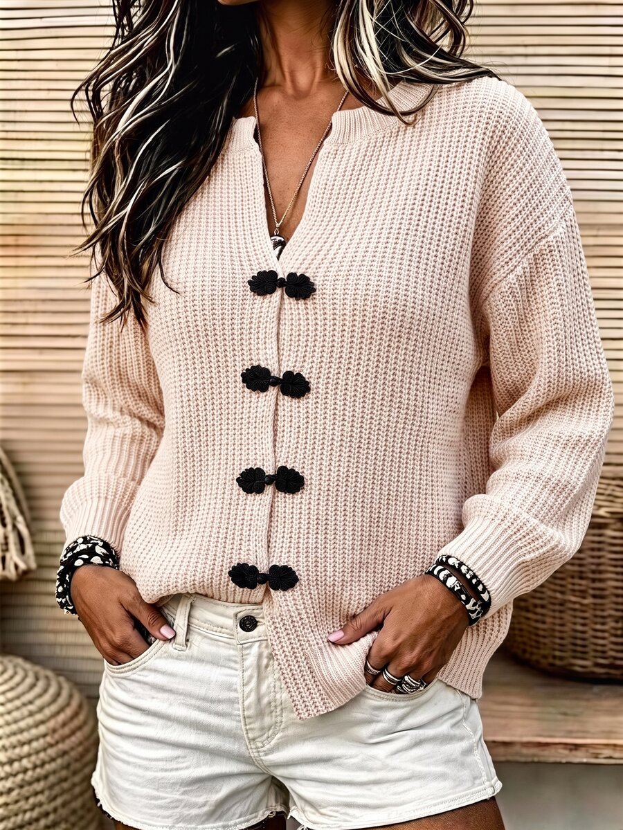Balvessa Autumn/Winter New Vintage Elegant New Chinese Style Frog Button Open Front Knit Cardigan - Khaki - View 1