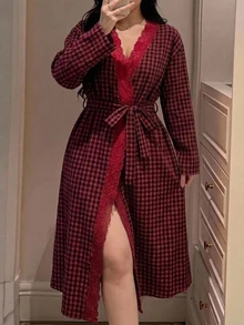 Dazy Plus Red Contrast Lace Plaid Loose Tie Elegant Nightgown - Burgundy - View 6
