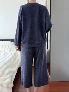DAZY Women's Solid Color Long Sleeve Top And Pants Casual Daily Home Sleepwear Set - Navy Blue - View 2
