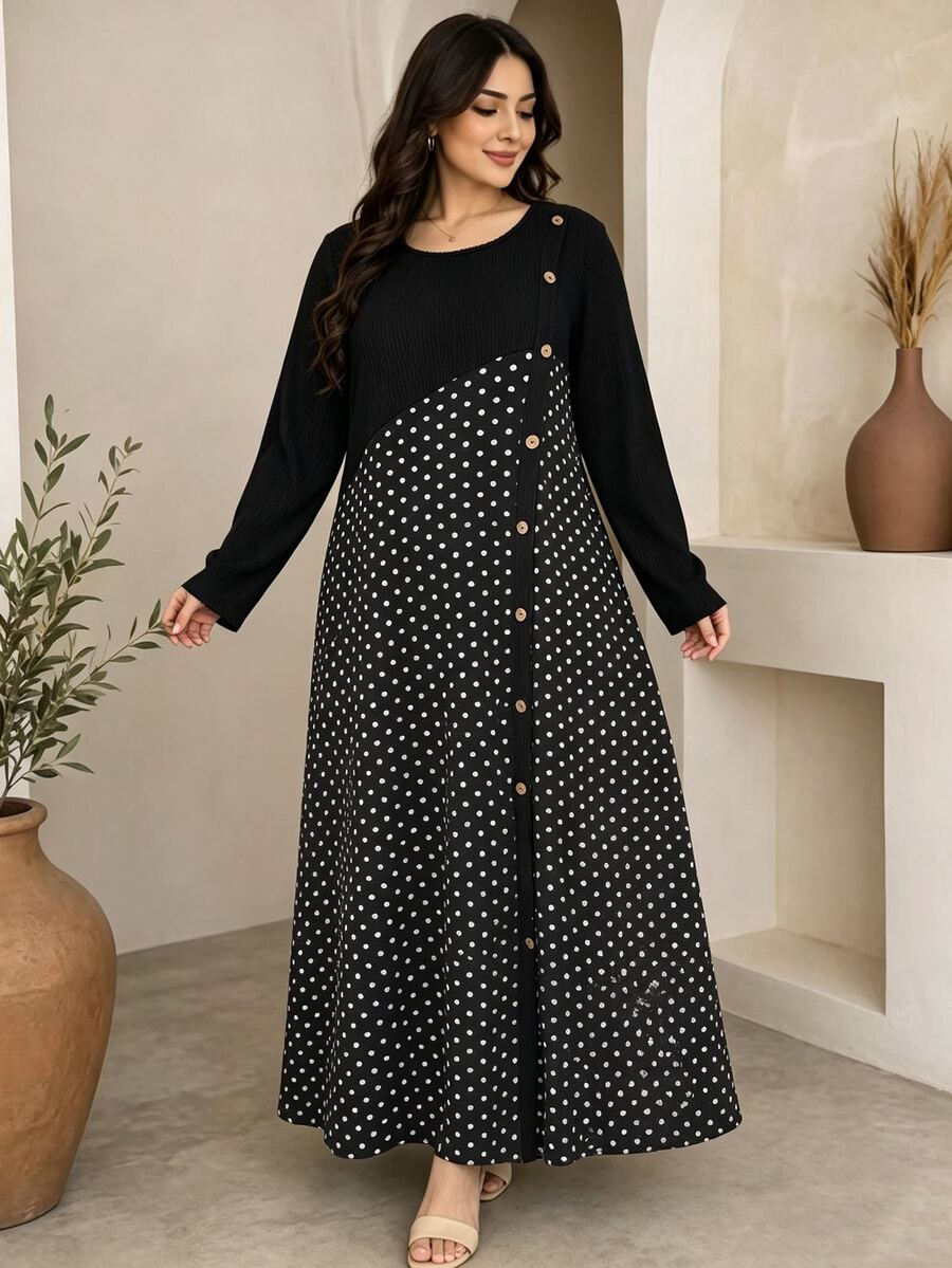 Lacomfia Knitted Loose Polka Dot Patchwork Long Sleeve Long Hem Casual Minimalist Fashion Home Daily Button Decor Black Plus Size Dress - Black - View 1