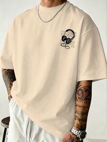 Manfinity Homme Men's Plus Size Beige Headphone Double-Sided Print Fitted T-Shirt, Suitable For Daily Wear And Gatherings Holiday Vacation Summer Streetwear - Apricot - View 2