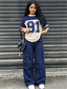 SHEIN 青少年女孩 2件組 短袖圓領休閒街頭風數位印花T恤 + 工裝長褲 - 藏蓝色 - 查看 1