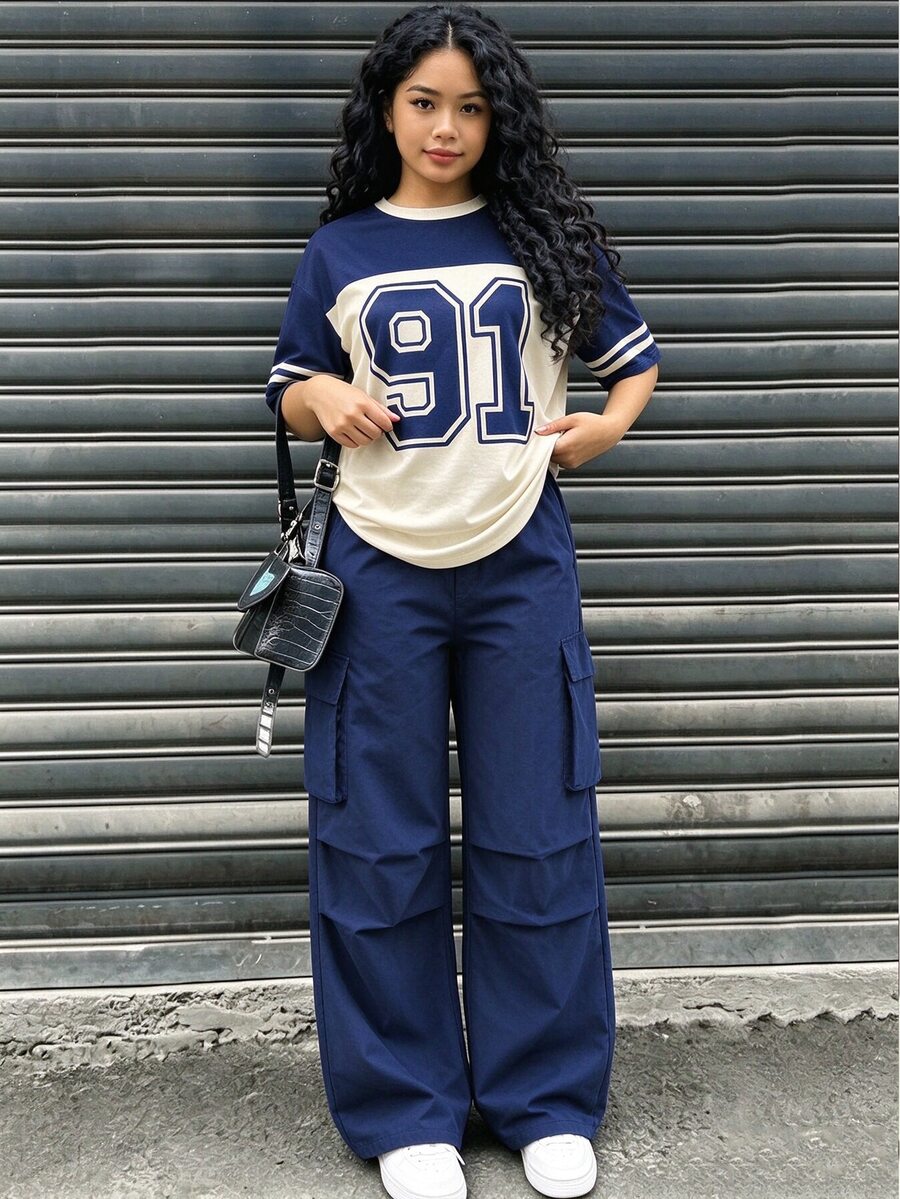 SHEIN 青少年女孩 2件組 短袖圓領休閒街頭風數位印花T恤 + 工裝長褲 - 藏蓝色 - 查看 1