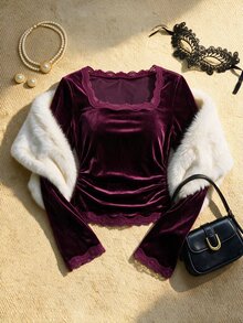 EastFlair Blus Elegan Berbahan Renda Patchwork Ukuran Plus - Burgundy - View 4