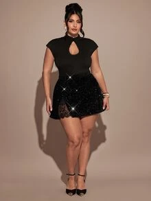 SHEIN BAE CURVE 大尺碼女款黑色亮片迷你裙 - 黑色 - 查看 5