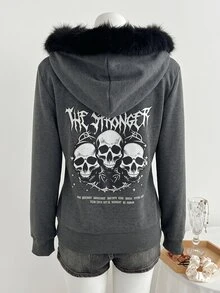 SHEIN Unity Women's Autumn Patchwork Fuzzy Skull Print Long Sleeve Zip-Up Hooded Sweatshirt With Pockets - Dark Grey - View 2