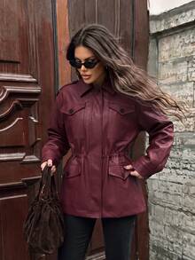 Struktiv Women's Autumn/Winter Fashion Casual Loose Pocket Design Cinched Waist Long Sleeve Leather Premium Feel Suitable For Daily Commute Shopping Date Street Style Regular Jacket - Burgundy - View 5