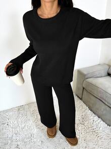 SHEIN PETITE 女款純色圓領長袖毛衣與長褲休閒正裝套裝，秋冬款 - 黑色 - 查看 7