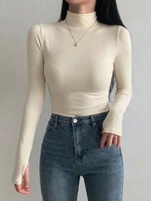 DAZY 女款高領長袖T恤，黑色，春夏秋季，可愛上衣女裝 - 杏色 - 查看 2
