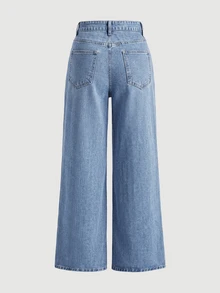 SHEIN Women's Casual Floral Pattern Wide Leg Jeans - Blue - View 3