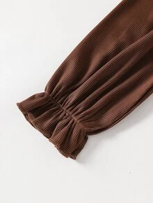 SHEIN 2件組女童溫柔風休閒校園與外出秋季套裝，青蛙鈕扣花瓣袖短版開襟衫與花卉收腰A字洋裝 - 棕色 - 查看 4