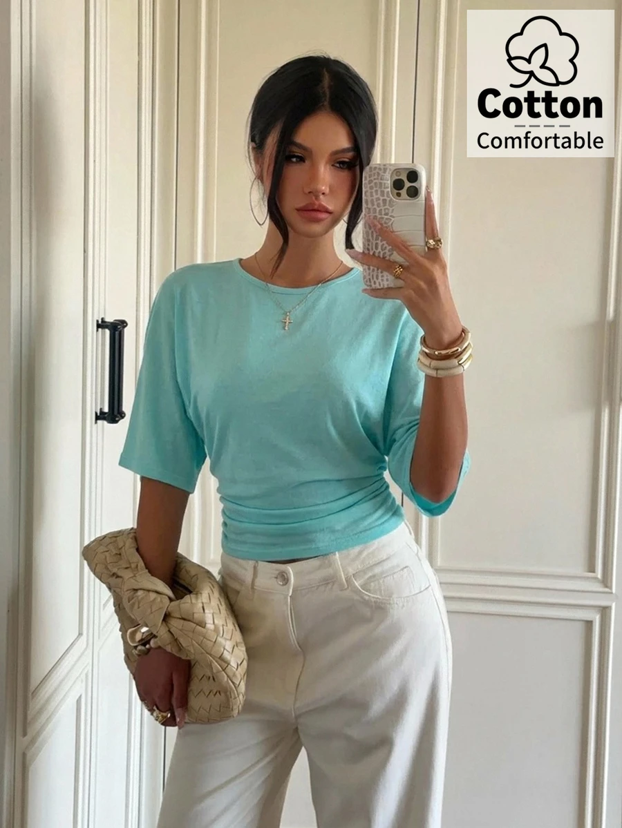 Aloruh Summer Elegant Solid Color Batwing Sleeve Cotton Blend ...