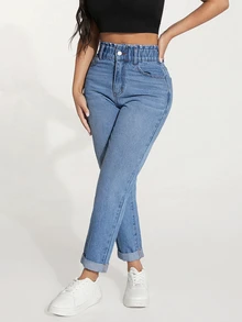 SHEIN PETITE 女款高腰鈕扣口袋時尚牛仔褲街頭風 - 藍色 - 查看 6
