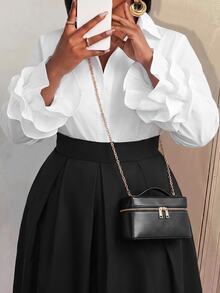 Slaydiva Chemise à boutons avec poignets à volants, design grande taille - Blanc - Voir 4