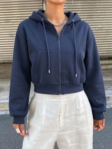DAZY Sweatshirt Berkerudung Kasual Warna Polos untuk Wanita, Cocok untuk Pemakaian Sehari-hari - Navy Blue - View 4