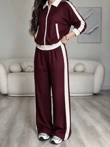 Modelyn Women's Casual Korean Style College Style Lapel Relaxed Fit Zip-Up Jacket & Wide Leg Pants Plus Size 2 Pieces Set - Burgundy - View 1