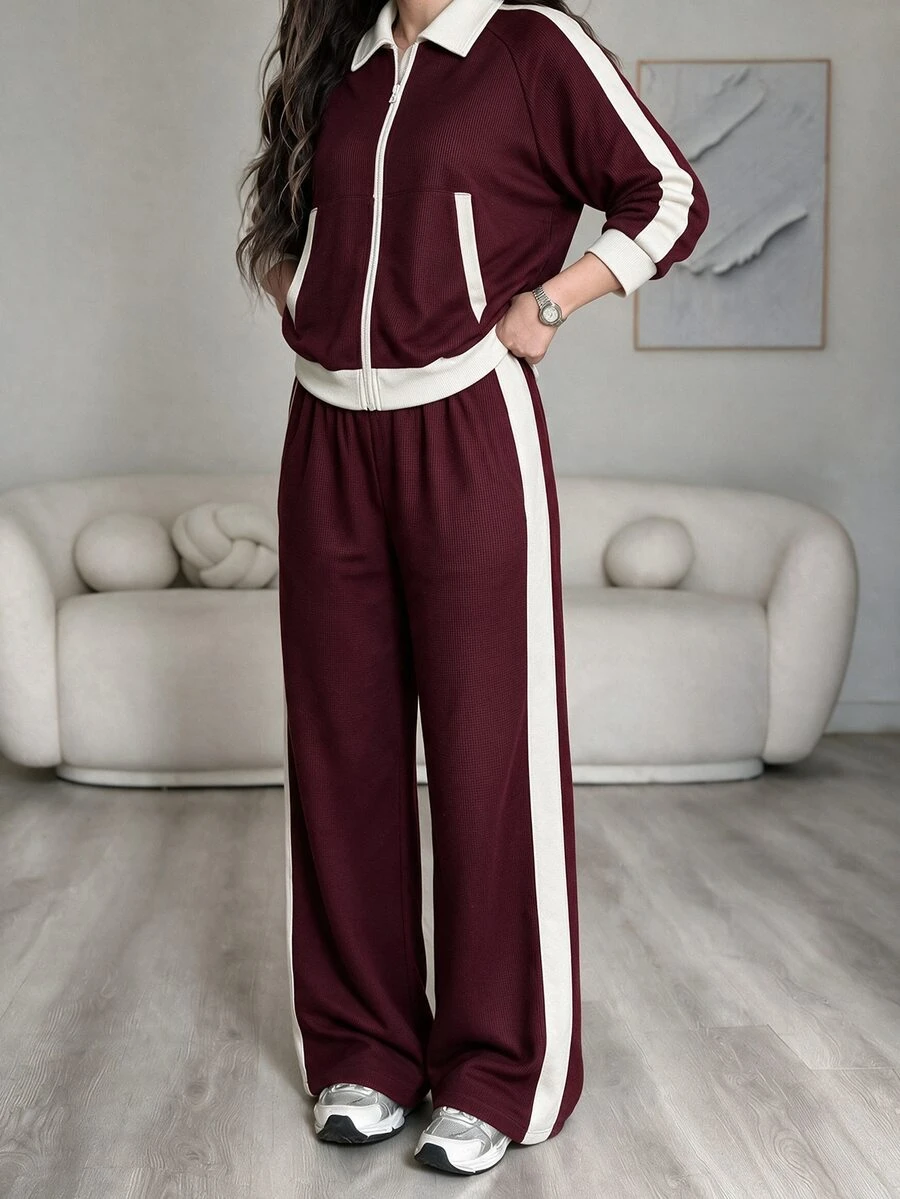 Modelyn Women's Casual Korean Style College Style Lapel Relaxed Fit Zip-Up Jacket & Wide Leg Pants Plus Size 2 Pieces Set - Burgundy - View 1