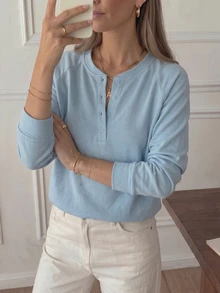 Cévolie Women's Loose Solid Color Raglan Sleeve Half-Open Neckline Crew Neck Sweatshirt, French Casual Loose Minimalist Sweatshirt, Suitable For Daily Wear, Home, Walking And Other Occasions - Blue - View 8